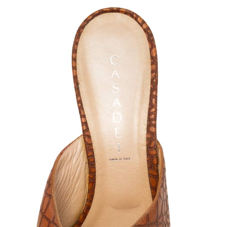 Pre Owned Casadei Brown Croc Embossed Leather Platform Wedge Sandals Size 41