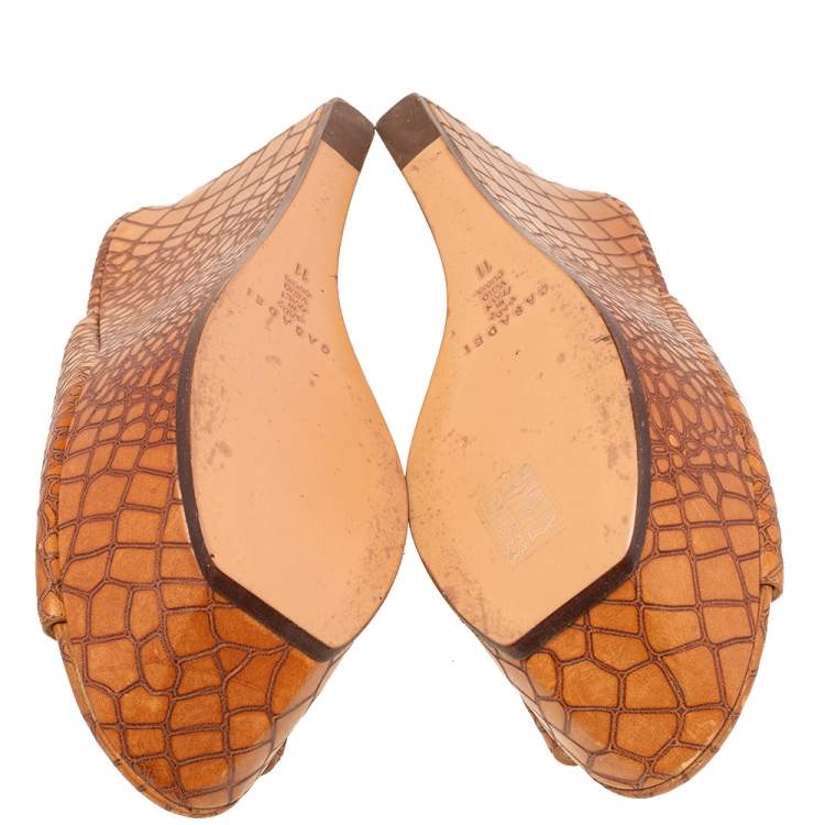 Pre Owned Casadei Brown Croc Embossed Leather Platform Wedge Sandals Size 41