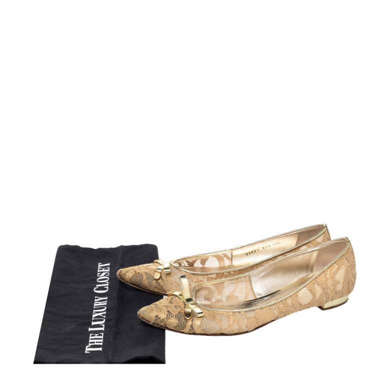 Pre Owned Casadei Gold Floral Lace And Leather Pointed Toe Ballet Flats Size 39.5