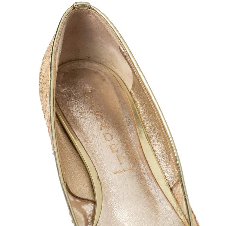 Pre Owned Casadei Gold Floral Lace And Leather Pointed Toe Ballet Flats Size 39.5