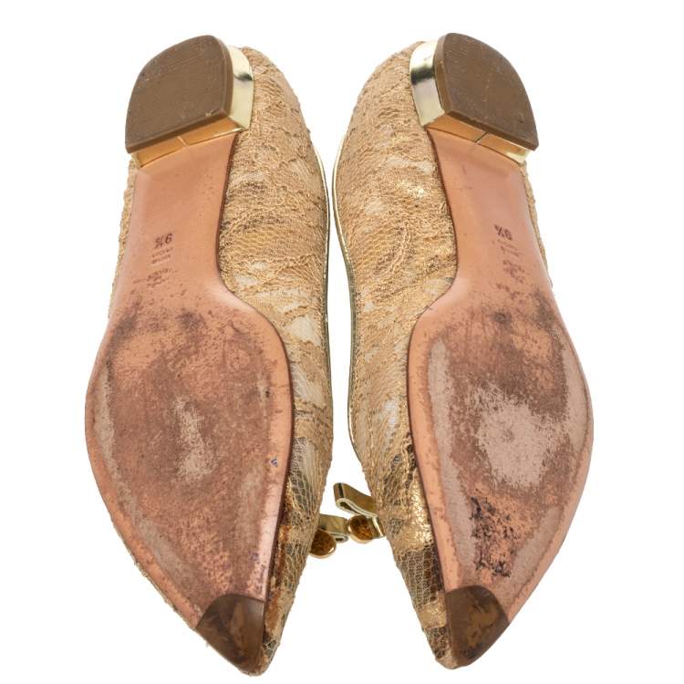 Pre Owned Casadei Gold Floral Lace And Leather Pointed Toe Ballet Flats Size 39.5