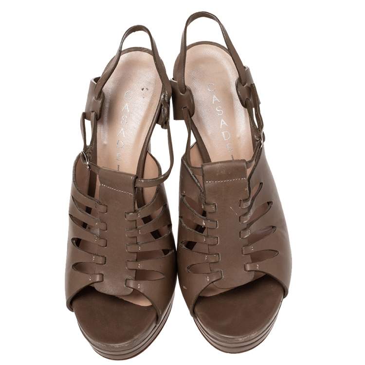 Pre Owned Casadei Brown Leather Cutout Open Toe Slingback Sandals Size 39