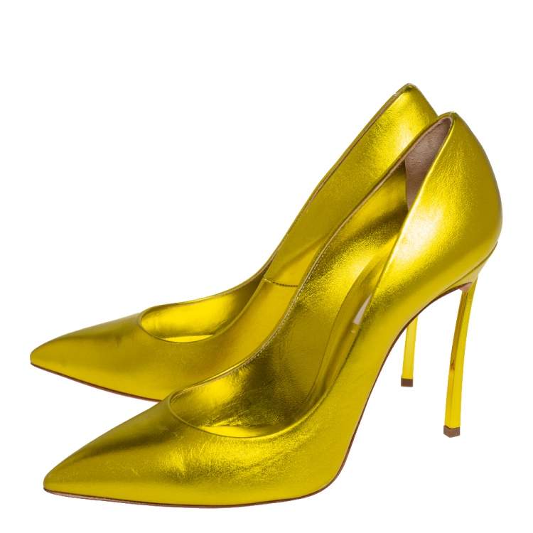 Pre Owned Casadei Metallic Yellow Leather Pointed Toe Pumps Size 40