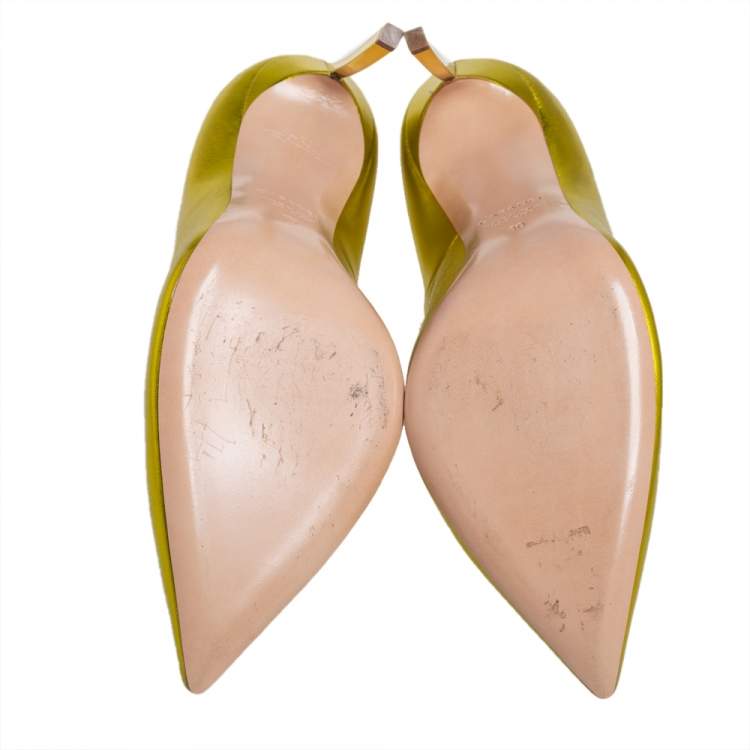 Pre Owned Casadei Metallic Yellow Leather Pointed Toe Pumps Size 40
