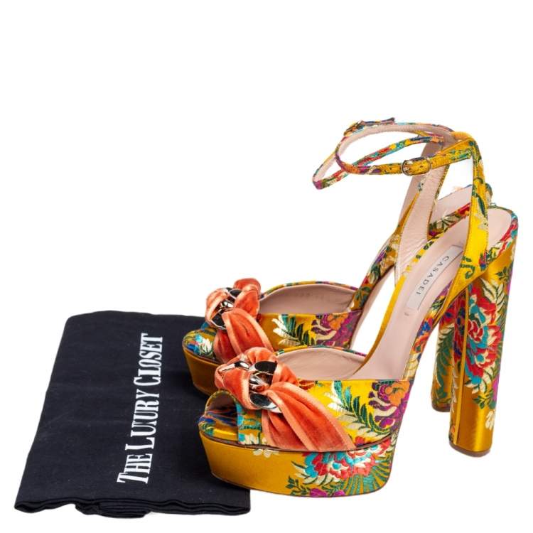 Pre Owned Casadei Multicolor Velvet Platform Ankle Strap Sandals Size 38.5