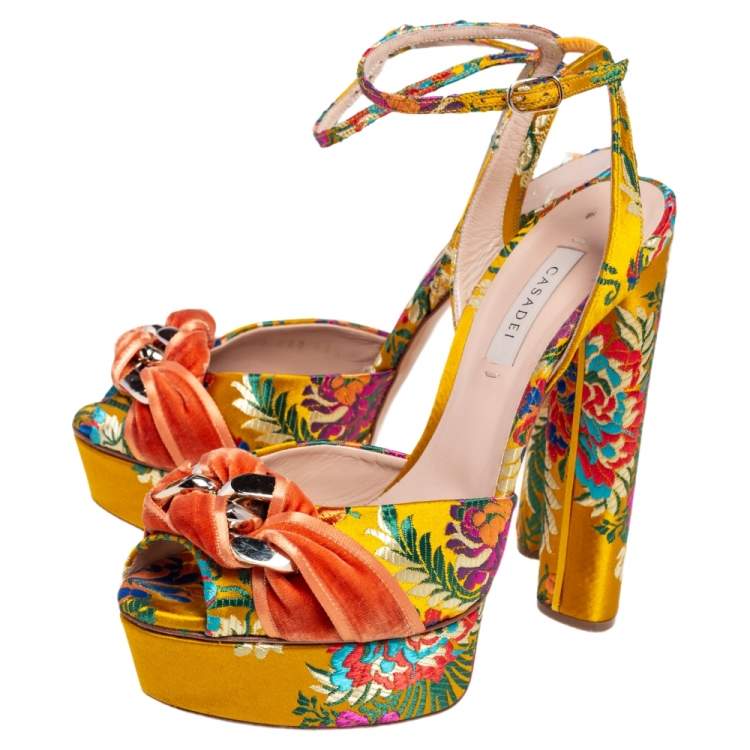 Pre Owned Casadei Multicolor Velvet Platform Ankle Strap Sandals Size 38.5
