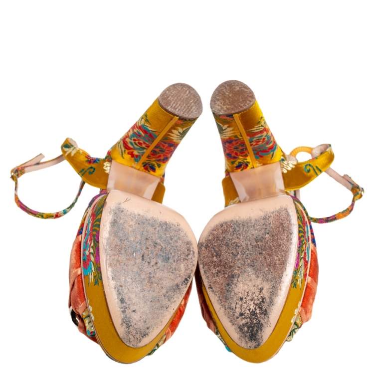 Pre Owned Casadei Multicolor Velvet Platform Ankle Strap Sandals Size 38.5
