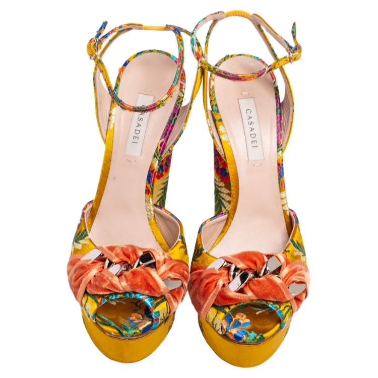 Pre Owned Casadei Multicolor Velvet Platform Ankle Strap Sandals Size 38.5