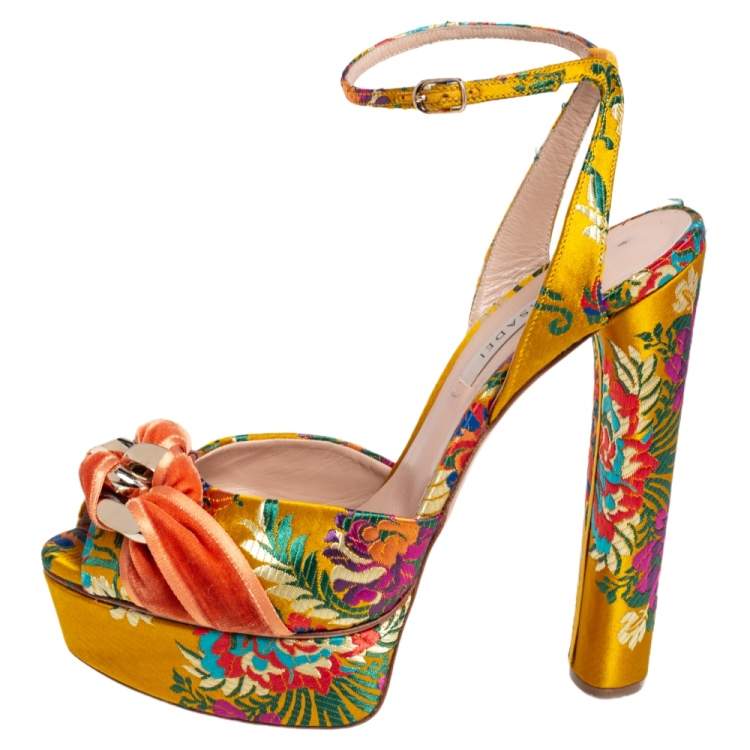 Pre Owned Casadei Multicolor Velvet Platform Ankle Strap Sandals Size 38.5