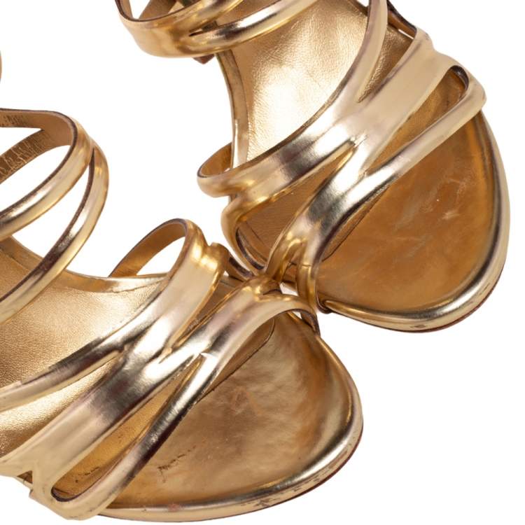 Pre Owned Casadei Gold Leather Strappy Open Toe Ankle Strap Sandals Size 38