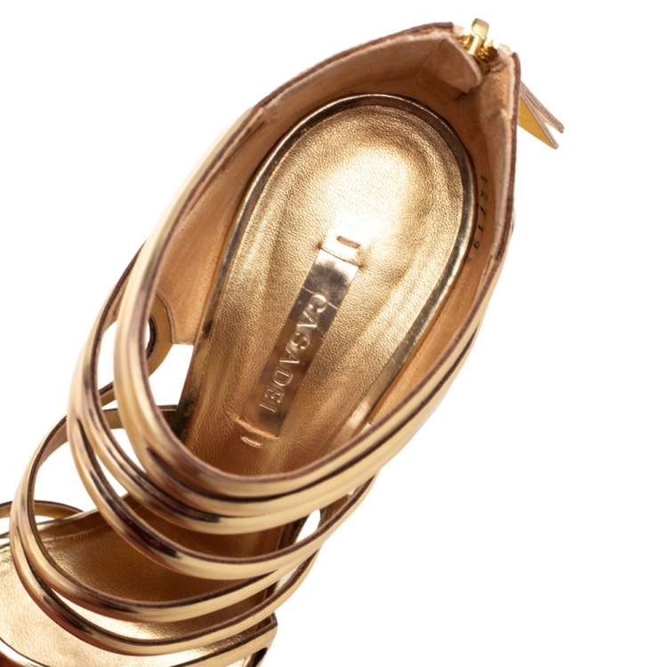 Pre Owned Casadei Gold Leather Strappy Open Toe Ankle Strap Sandals Size 38