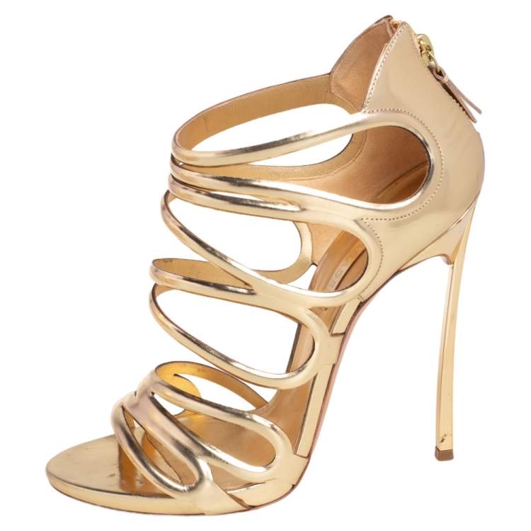 Pre Owned Casadei Gold Leather Strappy Open Toe Ankle Strap Sandals Size 38