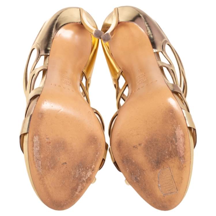 Pre Owned Casadei Gold Leather Strappy Open Toe Ankle Strap Sandals Size 38