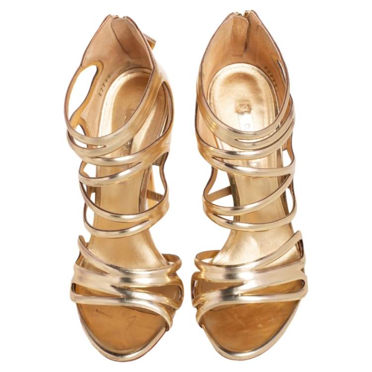 Pre Owned Casadei Gold Leather Strappy Open Toe Ankle Strap Sandals Size 38