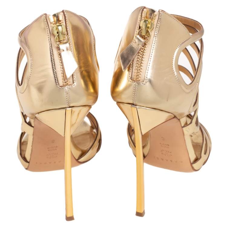 Pre Owned Casadei Gold Leather Strappy Open Toe Ankle Strap Sandals Size 38