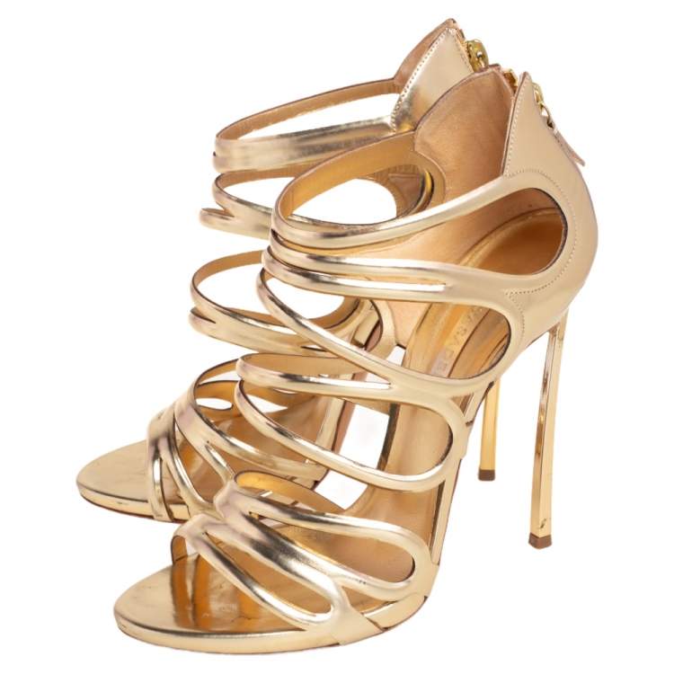 Pre Owned Casadei Gold Leather Strappy Open Toe Ankle Strap Sandals Size 38