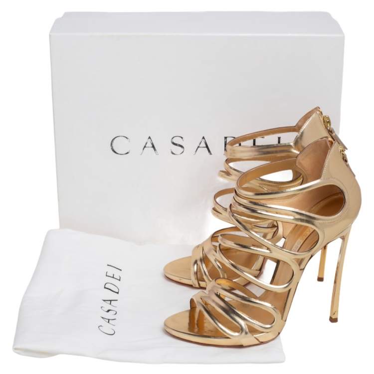 Pre Owned Casadei Gold Leather Strappy Open Toe Ankle Strap Sandals Size 38