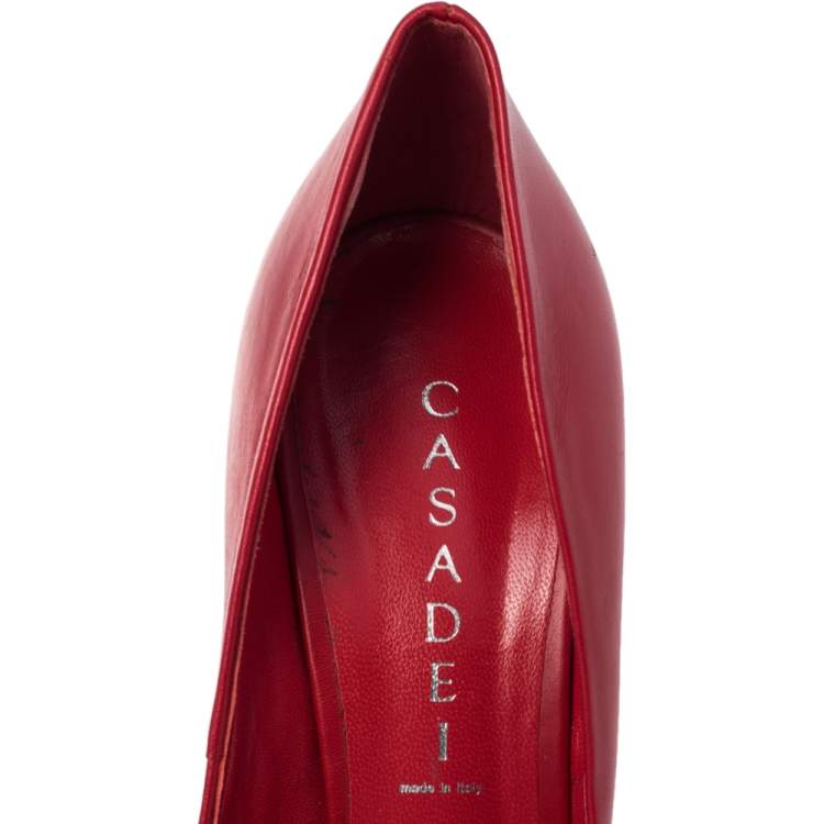 Pre Owned Casadei Red Leather Studded Bow Platform Pumps Size 38
