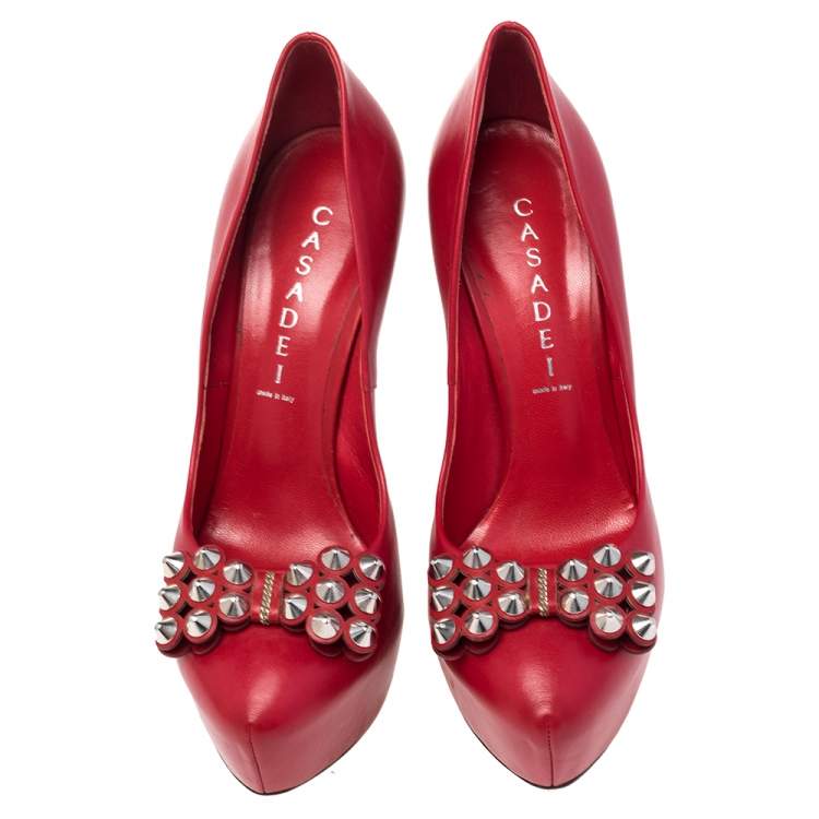 Pre Owned Casadei Red Leather Studded Bow Platform Pumps Size 38