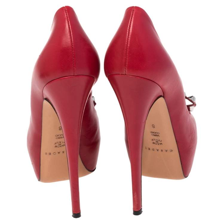 Pre Owned Casadei Red Leather Studded Bow Platform Pumps Size 38