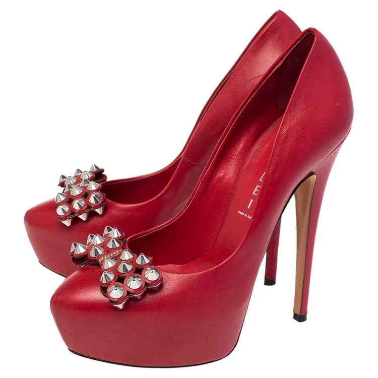 Pre Owned Casadei Red Leather Studded Bow Platform Pumps Size 38