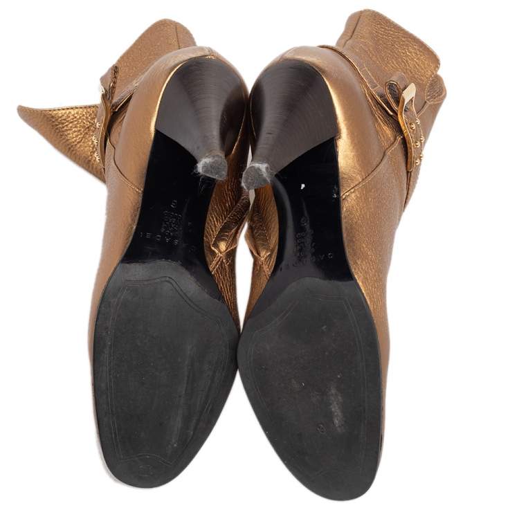 Pre Owned Casadei Gold Leather Ankle Length Boots Size 36