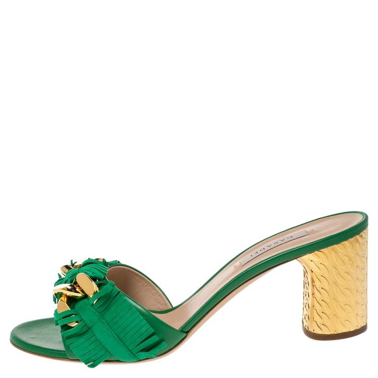 Pre Owned Casadei Green Suede and Leather Fringe Chain Sandals Size 40