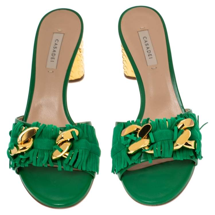 Pre Owned Casadei Green Suede and Leather Fringe Chain Sandals Size 40