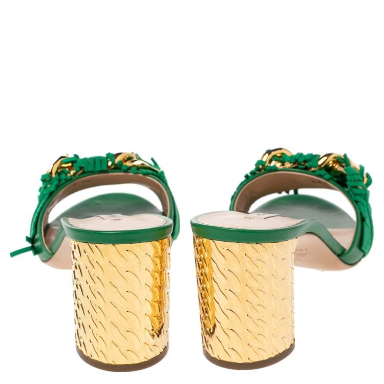 Pre Owned Casadei Green Suede and Leather Fringe Chain Sandals Size 40