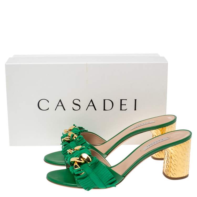 Pre Owned Casadei Green Suede and Leather Fringe Chain Sandals Size 40