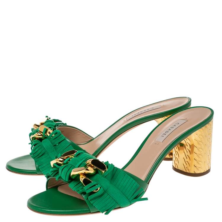 Pre Owned Casadei Green Suede and Leather Fringe Chain Sandals Size 40