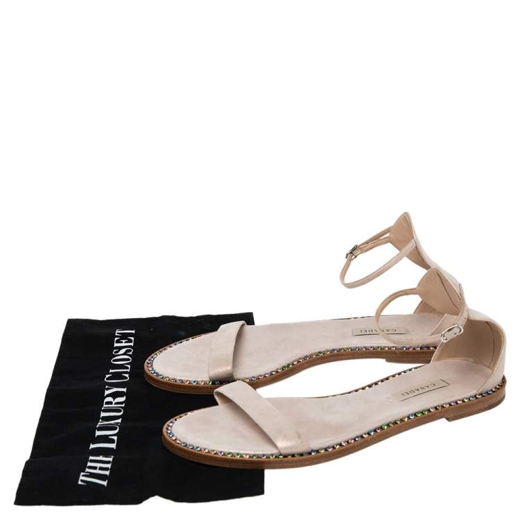 Pre Owned Casadei Metallic Pale Pink Suede Crystal Embellished Ankle Strap Flat Sandals Size 39
