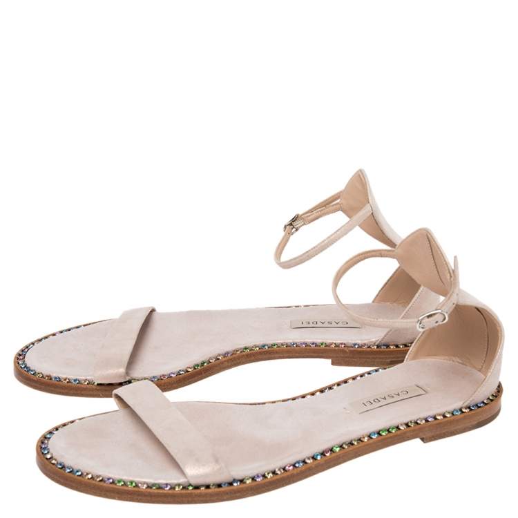 Pre Owned Casadei Metallic Pale Pink Suede Crystal Embellished Ankle Strap Flat Sandals Size 39