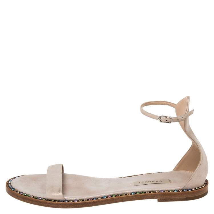 Pre Owned Casadei Metallic Pale Pink Suede Crystal Embellished Ankle Strap Flat Sandals Size 39