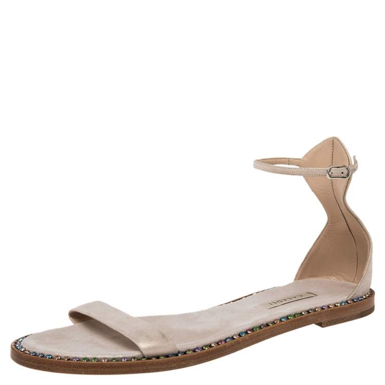 Pre Owned Casadei Metallic Pale Pink Suede Crystal Embellished Ankle Strap Flat Sandals Size 39