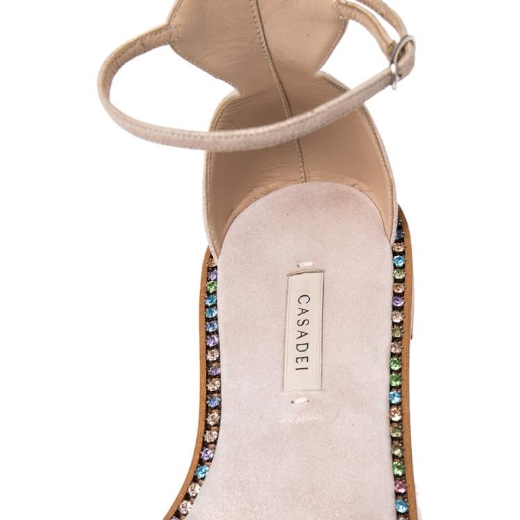 Pre Owned Casadei Metallic Pale Pink Suede Crystal Embellished Ankle Strap Flat Sandals Size 39