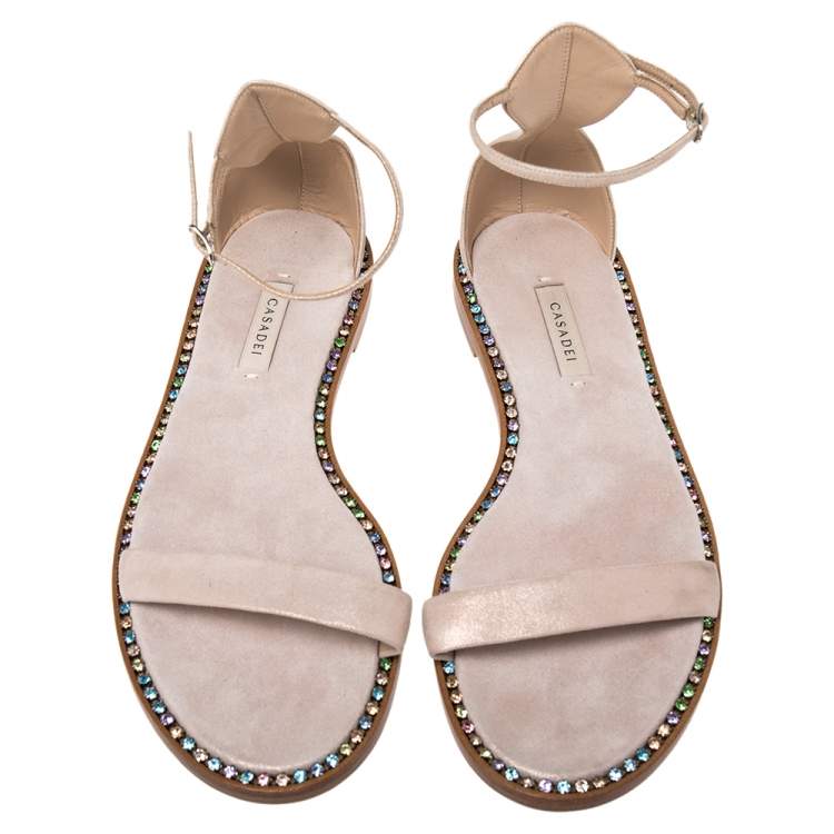 Pre Owned Casadei Metallic Pale Pink Suede Crystal Embellished Ankle Strap Flat Sandals Size 39