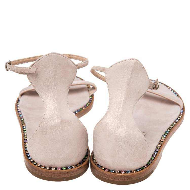 Pre Owned Casadei Metallic Pale Pink Suede Crystal Embellished Ankle Strap Flat Sandals Size 39