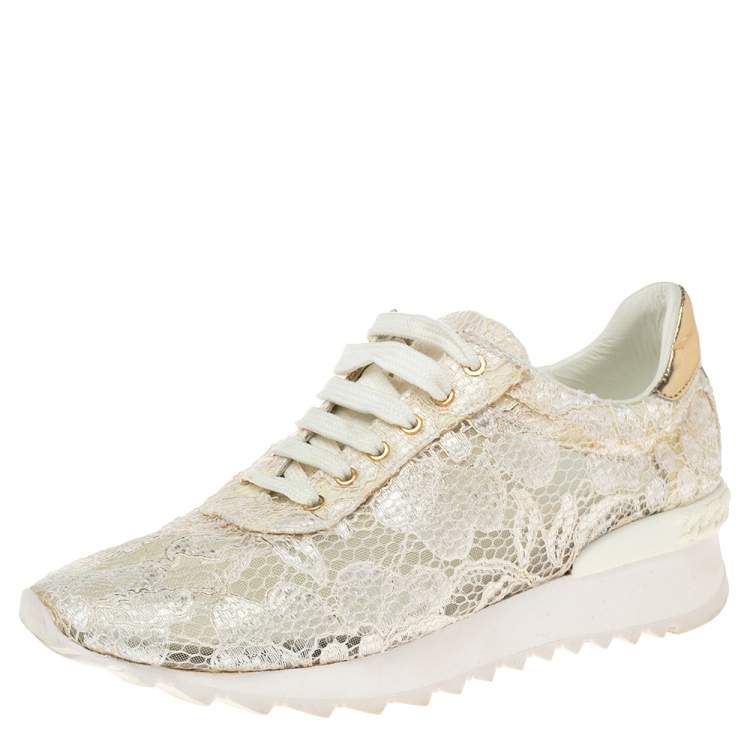 Pre Owned Casadei White/Gold Lace and Leather Trim Lace Up Sneakers Size 38