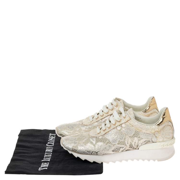 Pre Owned Casadei White/Gold Lace and Leather Trim Lace Up Sneakers Size 38
