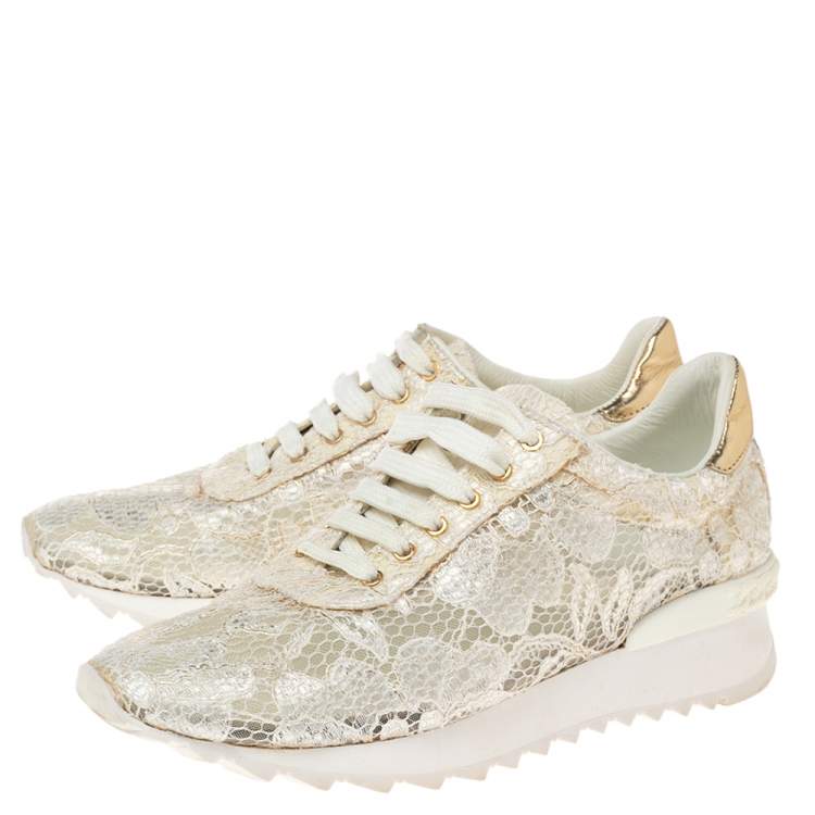 Pre Owned Casadei White/Gold Lace and Leather Trim Lace Up Sneakers Size 38