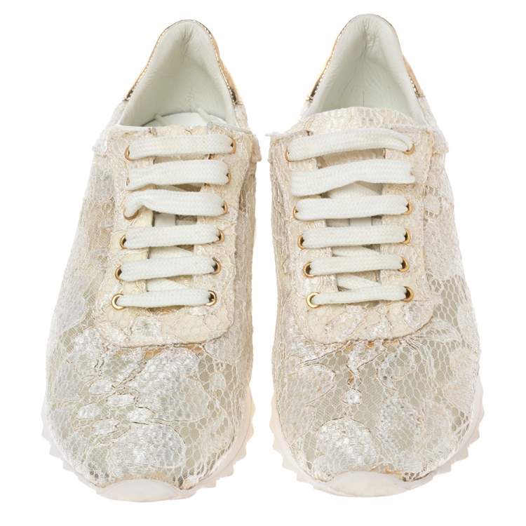 Pre Owned Casadei White/Gold Lace and Leather Trim Lace Up Sneakers Size 38