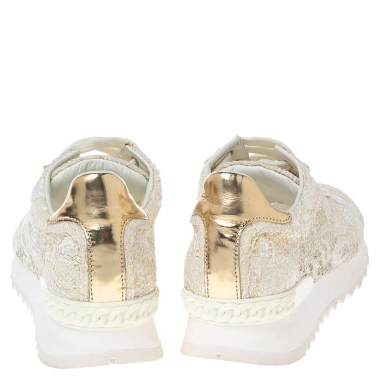 Pre Owned Casadei White/Gold Lace and Leather Trim Lace Up Sneakers Size 38