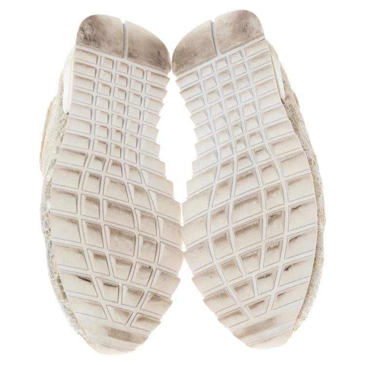 Pre Owned Casadei White/Gold Lace and Leather Trim Lace Up Sneakers Size 38