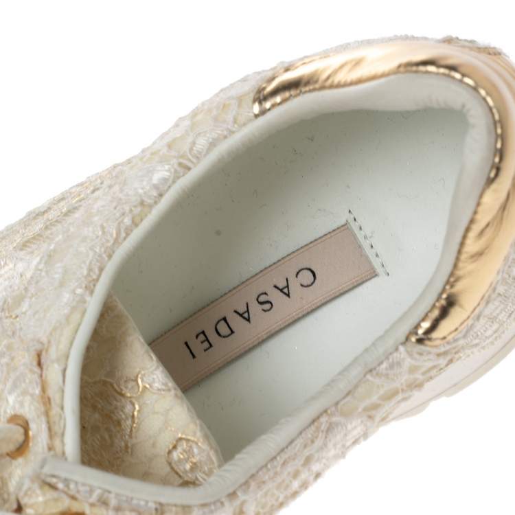 Pre Owned Casadei White/Gold Lace and Leather Trim Lace Up Sneakers Size 38