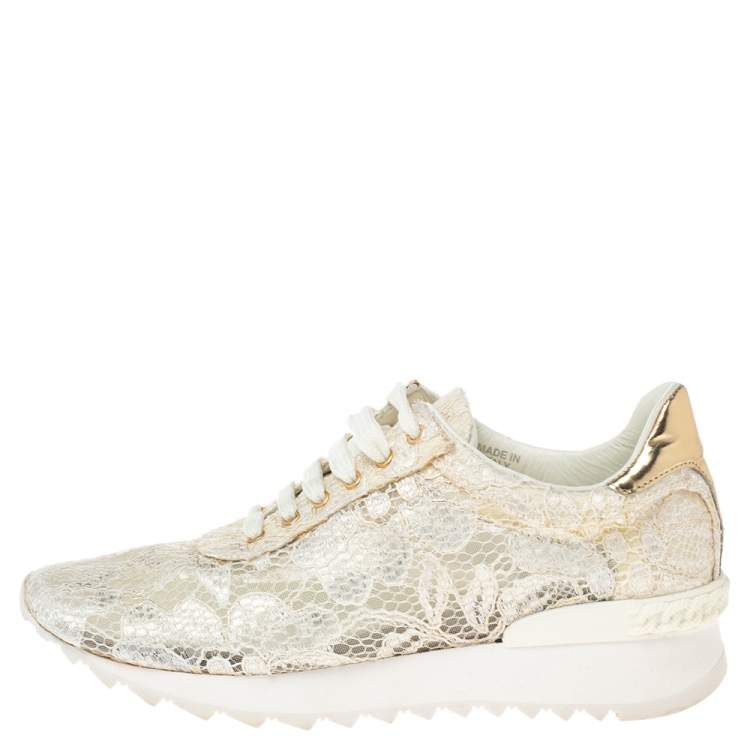 Pre Owned Casadei White/Gold Lace and Leather Trim Lace Up Sneakers Size 38