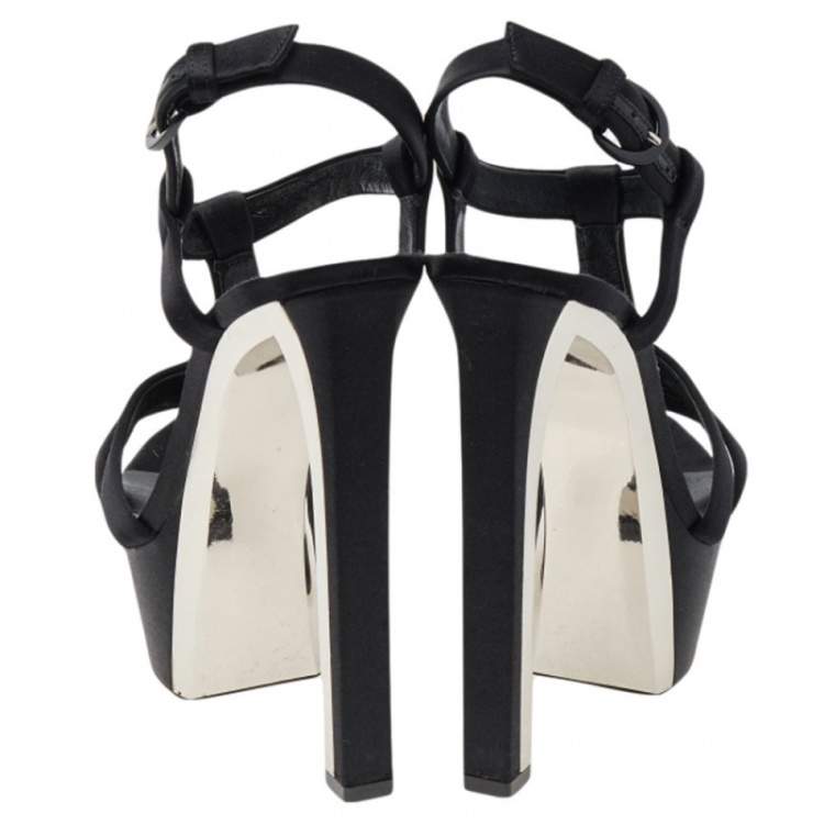 Pre Owned Casadei Black Satin T-Strap Peep Toe Platform Sandals Size 36.5