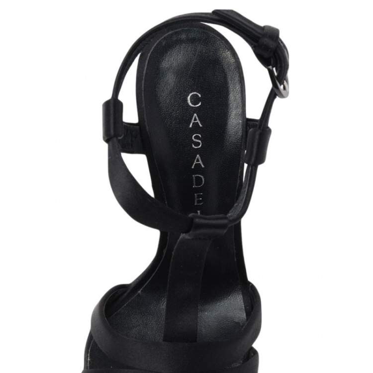 Pre Owned Casadei Black Satin T-Strap Peep Toe Platform Sandals Size 36.5