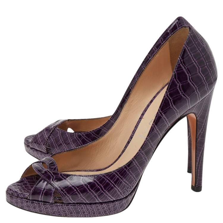 Pre Owned Casadei Purple Croc Embossed Patent Leather Peep Toe Pumps Size 38
