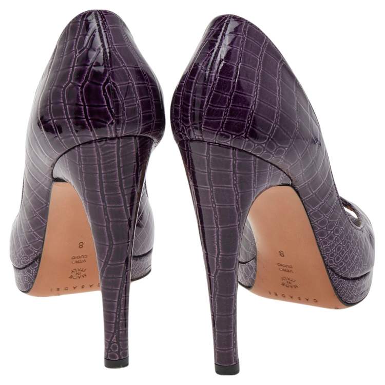 Pre Owned Casadei Purple Croc Embossed Patent Leather Peep Toe Pumps Size 38